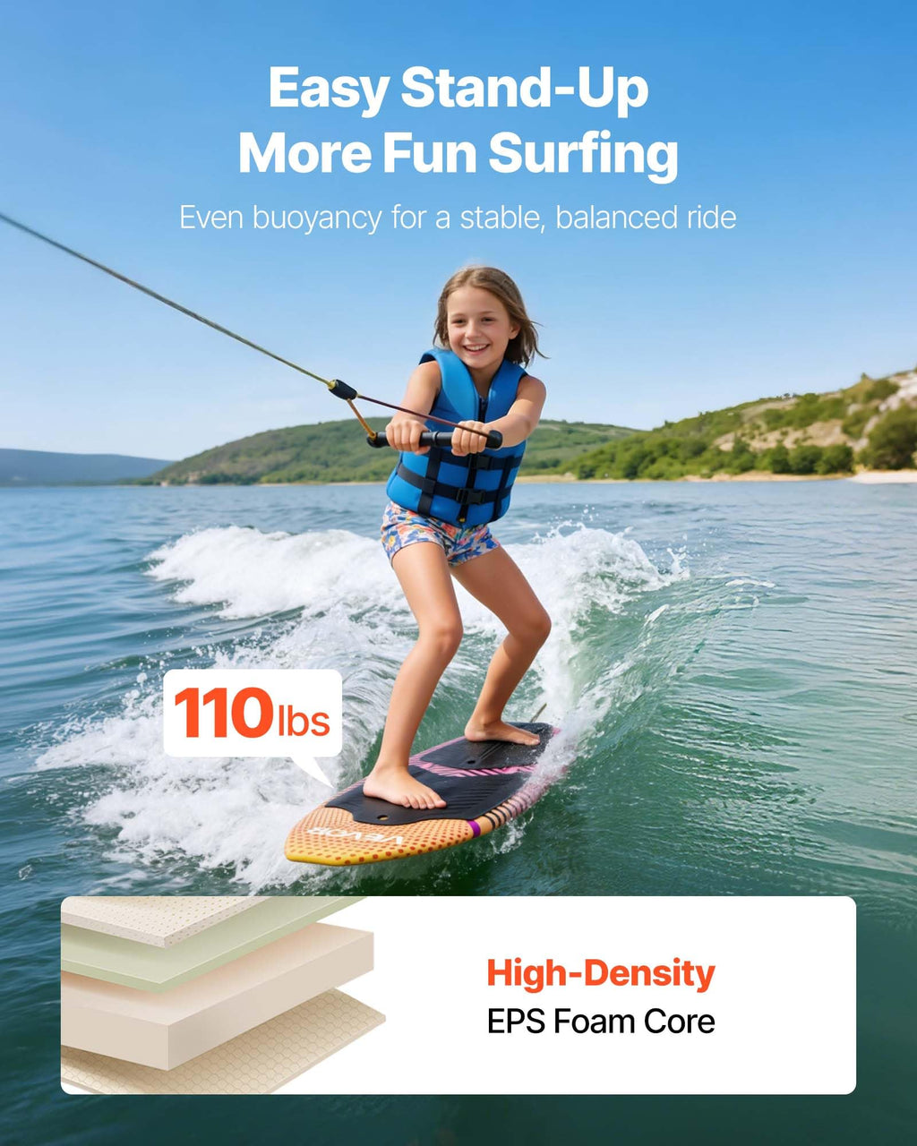 45 Inch Wakesurf Board with EVA Non-Slip Pad for Youth Riders