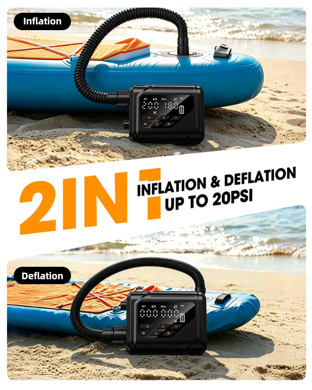 Rechargeable Electric SUP Pump with Auto-Off and Dual Stage Inflation