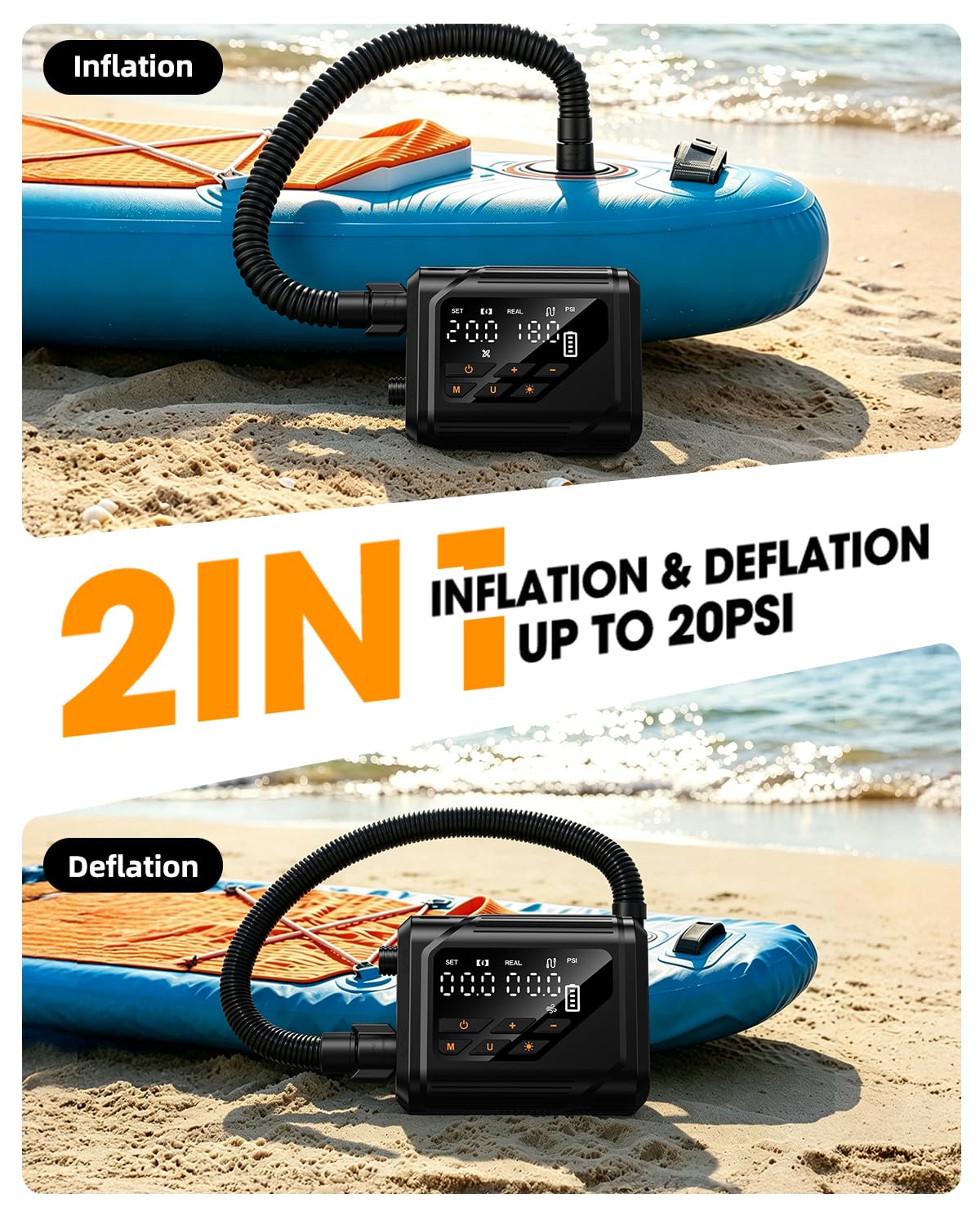 Rechargeable Electric SUP Pump with Auto-Off and Dual Stage Inflation