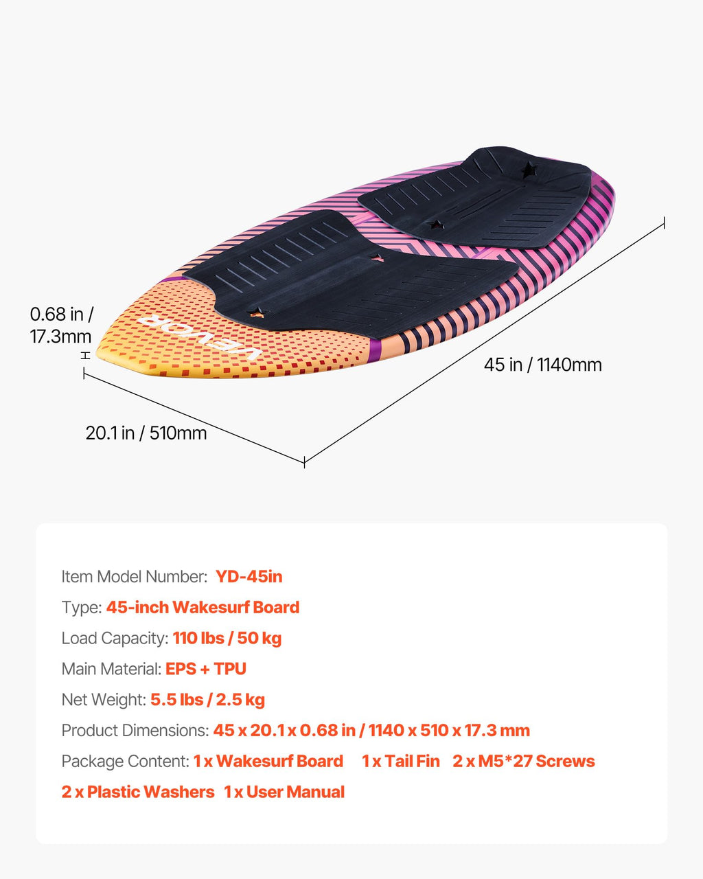 45 Inch Wakesurf Board with EVA Non-Slip Pad for Youth Riders