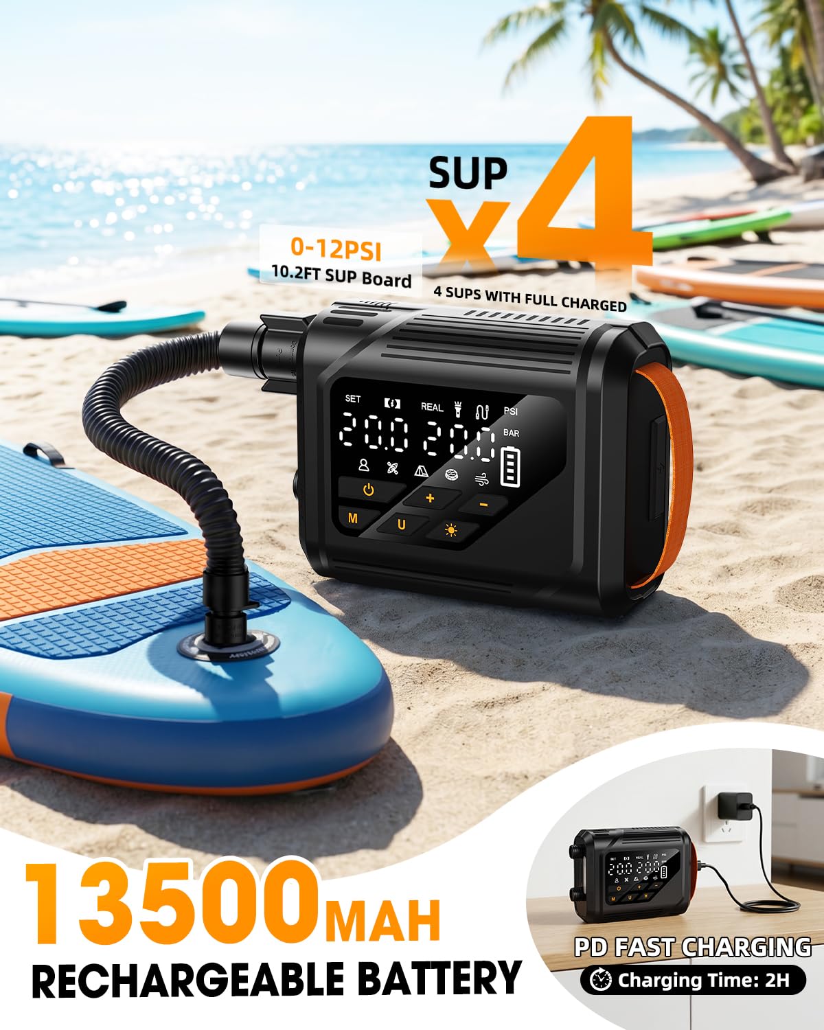 Rechargeable Electric SUP Pump with Auto-Off and Dual Stage Inflation