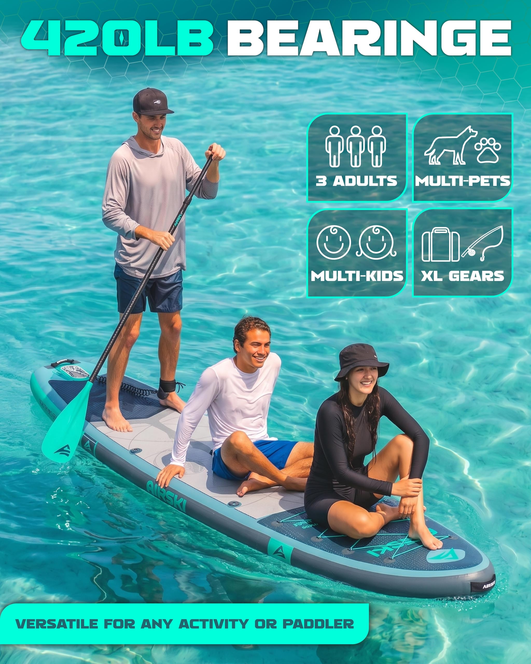 Airski 11'x34 Extra Wide Inflatable Paddle Boards, Family SUP/Yoga/Fishing