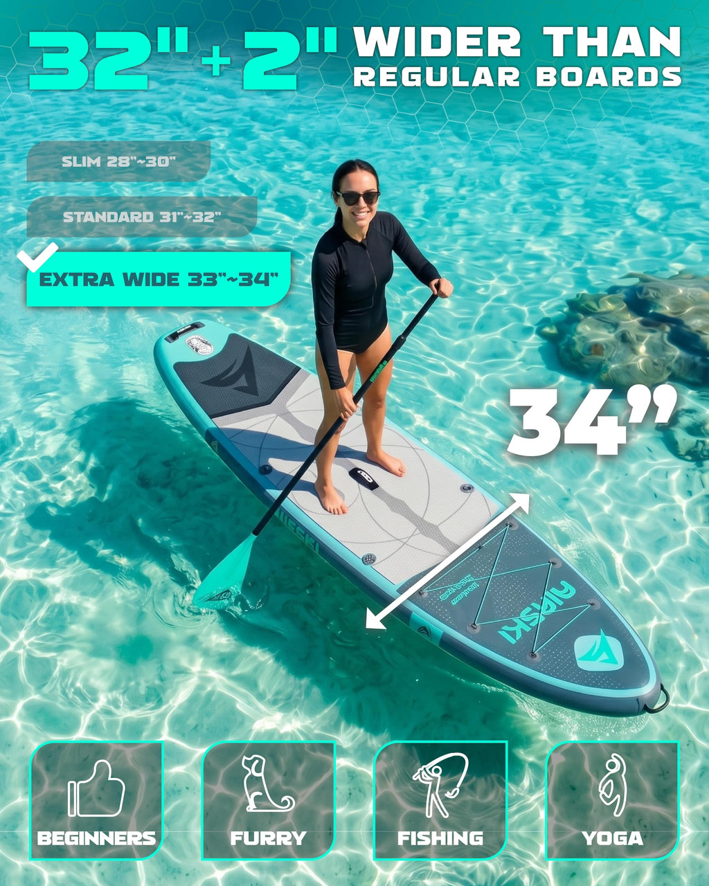 Airski 11'x34 Extra Wide Inflatable Paddle Boards, Family SUP/Yoga/Fishing