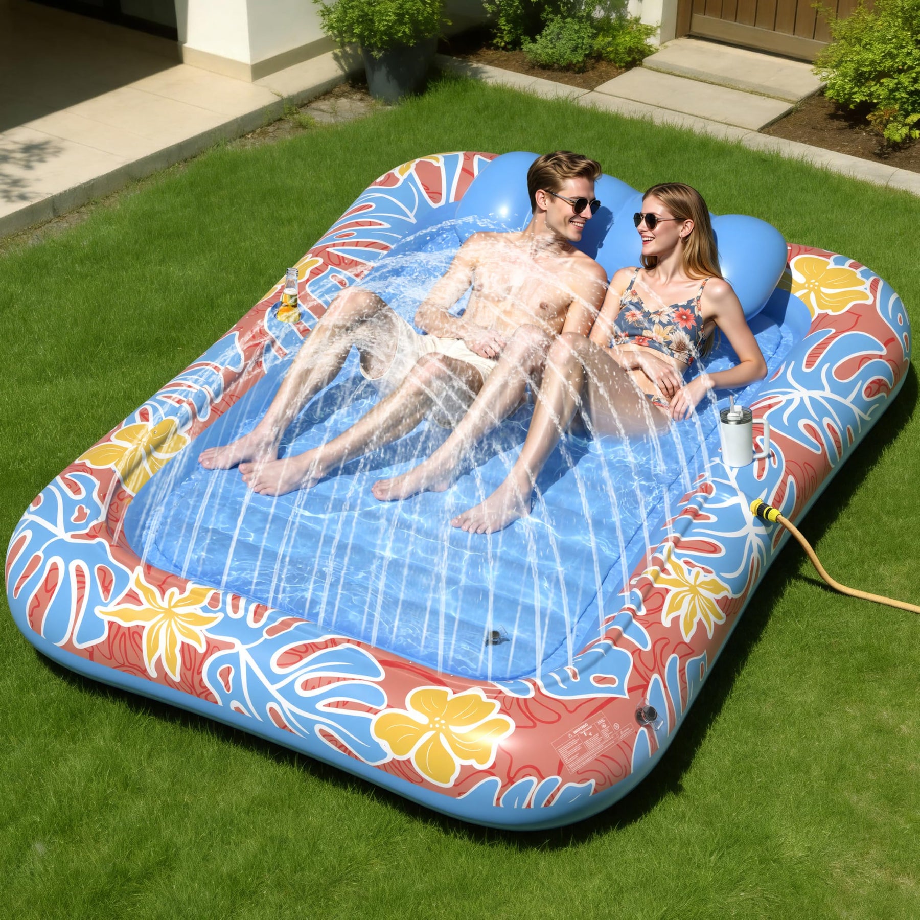 XXL Inflatable Tanning Pool Lounger with Sprinkler and Cup Holder