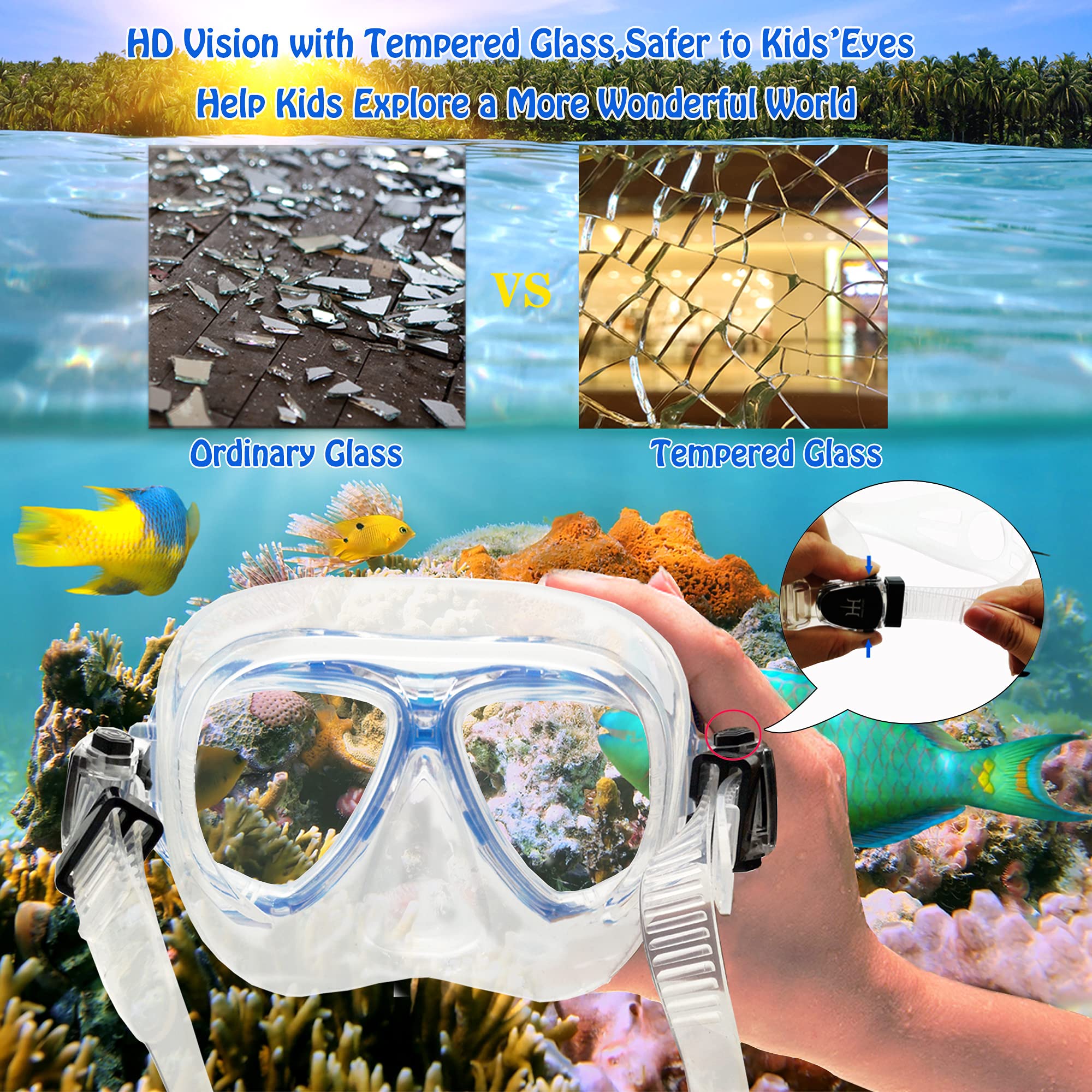 Kids Snorkel Set with Mask, Fins and Mesh Carry Bag