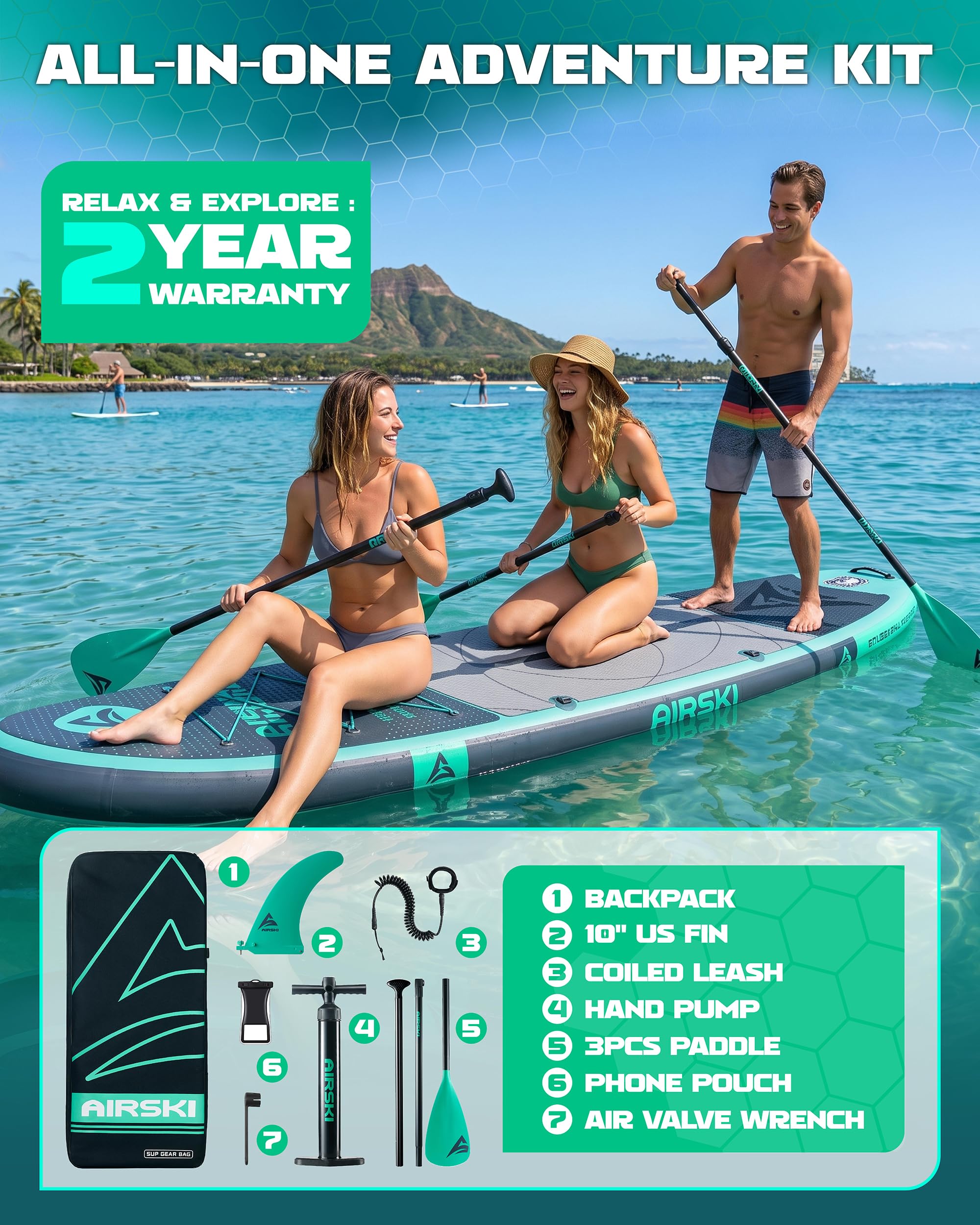 Airski 11'x34 Extra Wide Inflatable Paddle Boards, Family SUP/Yoga/Fishing
